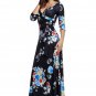 Black Floral Print Wrapped Long Boho Dress Half Sleeve V Neck Elegant Chic Summer Dress SYD42H