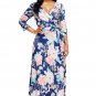 Blue Floral Print Wrapped Long Boho Dress Half Sleeve V Neck Elegant Chic Summer Dress SYD42I