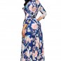 Blue Floral Print Wrapped Long Boho Dress Half Sleeve V Neck Elegant Chic Summer Dress SYD42I