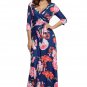 Navy Floral Print Wrapped Long Boho Dress Half Sleeve V Neck Elegant Chic Summer Dress SYD42J