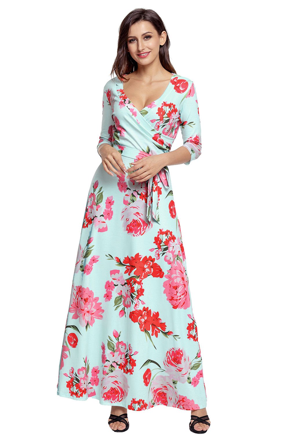 Turquoise Floral Print Wrapped Long Boho Dress Half Sleeve V Neck ...