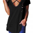 Black Crisscross Neckline Distressed T-shirt Lace Up Cross V Neck Slim Solid Time Wear Tops SYD44B