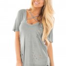Gary Crisscross Neckline Distressed T-shirt Lace Up Cross V Neck Slim Solid Time Wear Tops SYD44E