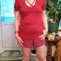 Red Crisscross Neckline Distressed T-shirt Lace Up Cross V Neck Slim Solid Time Wear Tops SYD44F