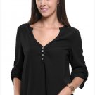 Black V-Neck Button Detail Dip Back Blouse Top Long Sleeve Autumn Fashion Female Casual Top SYD49A