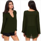 Green V-Neck Button Detail Dip Back Blouse Top Long Sleeve Autumn Fashion Female Casual Top SYD49B