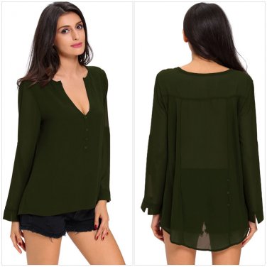 Green V-Neck Button Detail Dip Back Blouse Top Long Sleeve Autumn Fashion Female Casual Top SYD49B