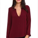 Red V-Neck Button Detail Dip Back Blouse Top Long Sleeve Autumn Fashion Female Casual Top SYD49E