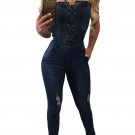 Deep Blue Lace Up Front Halter Denim Jumpsuit Sexy Woman Elegant Sheath Playsuit Romper SYD64A