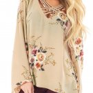 Apricot Blue Long Bell Sleeve Elegant Floral Chiffon Top Autumn Spring Fashion Lady Blouse SYD66B