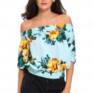 Autumn Female T-shirts Chiffon Tube Tees Sexy Fashion Half Sleeve Light Blue Floral Top SYD69A