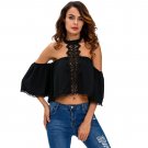 Stylish Chiffon Black Chocker Neck Bare Shoulders Flare Crop Tops Women Long Sleeve T-shirts SYD74A