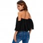 Stylish Chiffon Black Chocker Neck Bare Shoulders Flare Crop Tops Women Long Sleeve T-shirts SYD74A