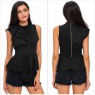Fashion Summer Women Turtleneck Asymmetric Ruffle Side Sleeveless Peplum Top Feminino SYD82B