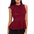 Fashion Summer Women Turtleneck Asymmetric Ruffle Side Sleeveless Peplum Top Feminino SYD82F