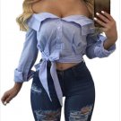 Blue White Stripe Bow Decor Off Shoulder Crop Top Off Shoulder Bow Short Sexy T-Shirt SYD84