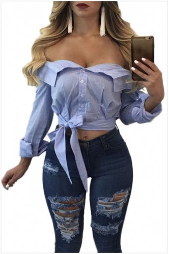 Blue White Stripe Bow Decor Off Shoulder Crop Top Off Shoulder Bow Short Sexy T-Shirt SYD84