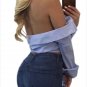 Blue White Stripe Bow Decor Off Shoulder Crop Top Off Shoulder Bow Short Sexy T-Shirt SYD84