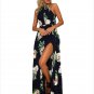 Summer Womens Maxi Boho Loose Black Floral Print Cutout Back Halter Split A Line Dress Robe SYD97