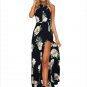 Summer Womens Maxi Boho Loose Black Floral Print Cutout Back Halter Split A Line Dress Robe SYD97