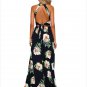 Summer Womens Maxi Boho Loose Black Floral Print Cutout Back Halter Split A Line Dress Robe SYD97