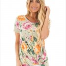 Summer New Fashion Plus Size Women Retro Style Floral Short Sleeve Knot Top T-SHIRT SYD99C
