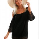 Beachwear Summer Women See Through Lacy Crochet Trim Crinkle Cold Shoulder Beach Mini Dress SYD100D