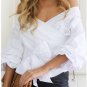 Cold Shoulder Sexy V Neck Cross Straps Short Blouse Crop Top Waist Bow Puff Sleeves chemise SY141B