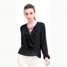 Women Chiffon Blouses Ruffles Shirt Sexy Deep Bandage Long Sleeve Blouse Office Work Tops SY143C
