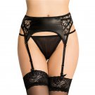 Women Black Sexy Faux Leather Panty High Waist Lace Hollow Out Garter Stocking SY278