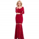 Women Large Size V-Neck Floor-Length Woman Dress Solid Red Black Full Sleeve Lace Dress SY312