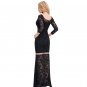 Women Large Size V-Neck Floor-Length Woman Dress Solid Red Black Full Sleeve Lace Dress SY312