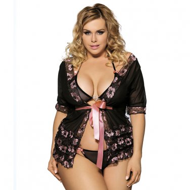 3 Pcs Plus Halter Bra And Layered Flower Mini Nightgown High Quality See Through Set Nightgown SY401