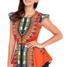 Elegant T-shirt indie folk Sheer o-Neck tees Orange African Printed Zipper Front Peplum Top SY429