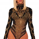 Black Gold Rhinestone Faux Bustier Mesh Long Sleeves Bodysuit Playsuit Jumpsuit SY433A