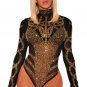 Black Gold Rhinestone Faux Bustier Mesh Long Sleeves Bodysuit Playsuit Jumpsuit SY433A