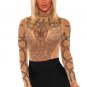 Khaki Black Rhinestone Faux Bustier Mesh Long Sleeves Bodysuit jumpsuit playsuit SY433B