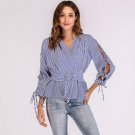 Women V-neck Strap Long Seeved Striped T Shirt Fashion Elegant Office Wear Tops Blouse