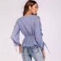 Women V-neck Strap Long Seeved Striped T Shirt Fashion Elegant Office Wear Tops Blouse