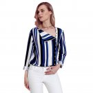 Blue White Black Multicolor Striped Asymmetric Button Down Shirt Fashion Women Blouse Work Wear