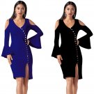 Women Flare Sleeve V Neck Dresses Sheath Knee Length Cold Shoulder Button Detail Slit Midi Dress