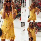 Womens Short Sleeve Floral Wrap Dresses Ladies Deep V neck Ruffles Mini Dress Bohemian Sundress