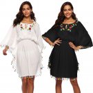 Cloak Sleeve Ruffle Embroidery Sundress Summer Holiday Casual Bohemian Dresses Tassel Dress