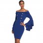 Blue Red Double Breasted Button Off Shoulder Dress Solid Slash Neck Flare Sleeve Vintage 50s 60s