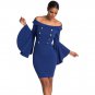 Blue Red Double Breasted Button Off Shoulder Dress Solid Slash Neck Flare Sleeve Vintage 50s 60s