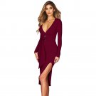 Black Faux Wrap V Neck Long Sleeve Midi Dress Wine Red Work Wear Office Ladies Dress