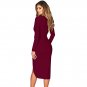 Black Faux Wrap V Neck Long Sleeve Midi Dress Wine Red Work Wear Office Ladies Dress