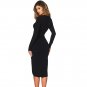 Black Faux Wrap V Neck Long Sleeve Midi Dress Wine Red Work Wear Office Ladies Dress