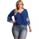 XL-5XL Navy Blue Black Tulle Embroidered Bell Sleeve Plus Size Blouse Plus Size Top Tees