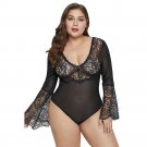 Black Bell Sleeve Lace Mesh Plus Size Teddy XL 2XL 3XL Big Size Underwear Bodysuit